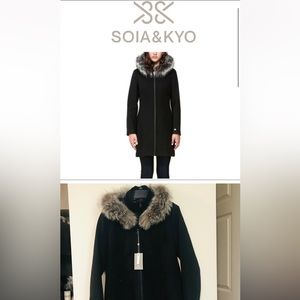 SOIA & KYO black coat with fur lined hood NWT